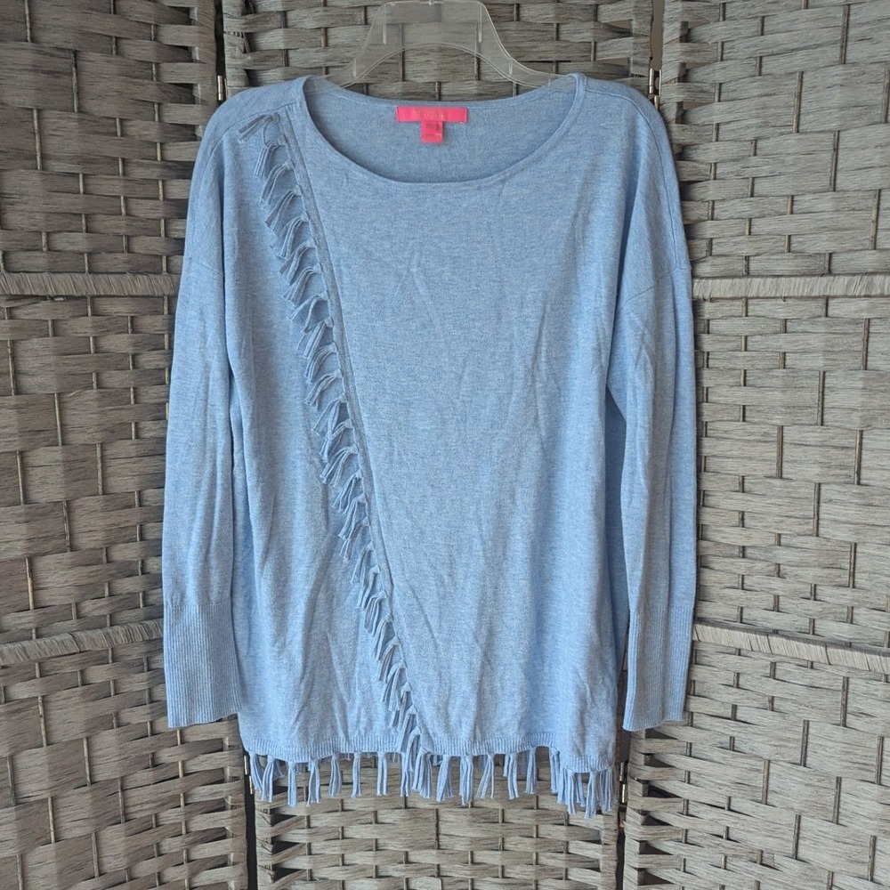 Lilly Pulitzer Emberly Sweater Blue Fringe Coolmax Knit Pullover Womens Sz S
